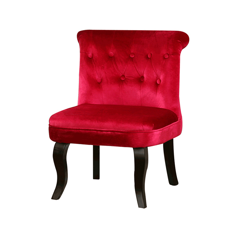 Velvet accent chair with buttons on backrest and wooden shaped legs