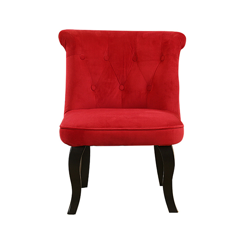 Velvet accent chair with buttons on backrest and wooden shaped legs